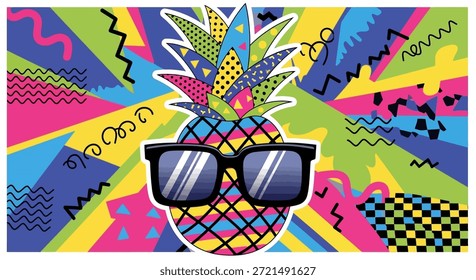 Uma ilustração vibrante e atraente apresenta um abacaxi de estilo retrô usando óculos escuros, situado contra um fundo colorido e abstrato. O desenho incorpora várias formas geométricas e