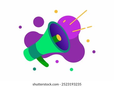 A vibrant and eye-catching illustration of a megaphone with a purple abstract background, perfect for announcements, promotions, or marketing campaigns.