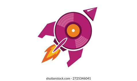 Ein lebendiges und auffälliges Logo-Design mit einem Raketenschiff, das kreativ eine Vinyl-Schallplatte in seinem Kern integriert. Diese Illustration stellt ein modernes Konzept dar, ideal für musikbezogene Unternehmen