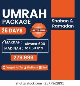 A vibrant and eye-catching promotional poster for an Umrah package during the holy months of Shaban and Ramadan. 