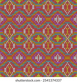 A vibrant and eye-catching seamless knit pattern featuring a bold geometric design. The intricate pattern of interlocking diamonds and squares is created using a combination of bright colors, includin