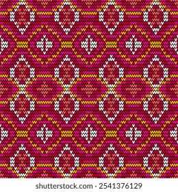 A vibrant and eye-catching seamless knit pattern featuring a bold geometric design. The intricate pattern of interlocking diamonds and squares is created using a combination of bright colors, includin