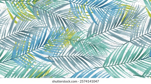 A vibrant and eye-catching seamless pattern featuring overlapping palm leaves in shades of teal, mint green, and pale yellow, all rendered in a watercolor-style design.