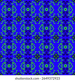 Padrão de arte de pixel sem emenda vibrante e atraente, semelhante ao bordado tradicional com ponto de cruz ou tecido digital. O design arrojado apresenta intrincados motivos geométricos em cal contrastante 