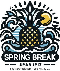 A vibrant and eye-catching Spring Break logo featuring a stylized pineapple, sun, and ocean waves in a bold vector format.