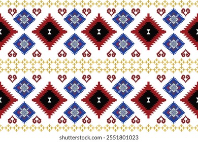 A vibrant fabric pattern featuring red and blue diamond motifs, symmetrical geometric shapes, and decorative golden accents, showcasing traditional artistry with modern flair