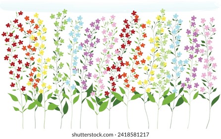 Vibrant fabric print featuring a mesmerizing design of blossomed trees adorned with a spectrum of rich hues dark red, red, yellow, green, light blue, purple, and light purple flowers.