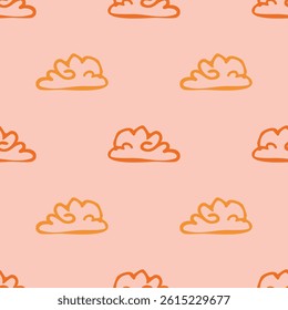 Vibrant fall cloud seamless nursery pattern. Naive illustration of summer sky in hand drawn playful style for childrens nursery backdrops, wallpaper. 