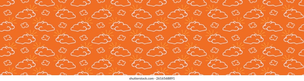 Vibrant fall cloud seamless nursery border. Naive illustration of summer sky in hand drawn playful style for childrens nursery edging, ribbon. 