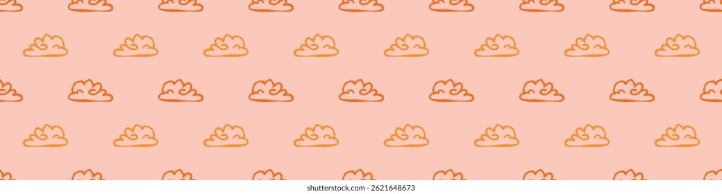 Vibrant fall cloud seamless nursery border. Naive illustration of summer sky in hand drawn playful style for childrens nursery edging, ribbon. 
