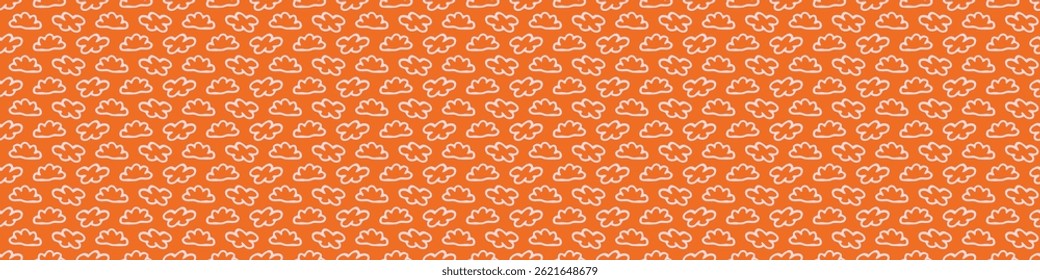 Vibrant fall cloud seamless nursery border. Naive illustration of summer sky in hand drawn playful style for childrens nursery edging, ribbon. 