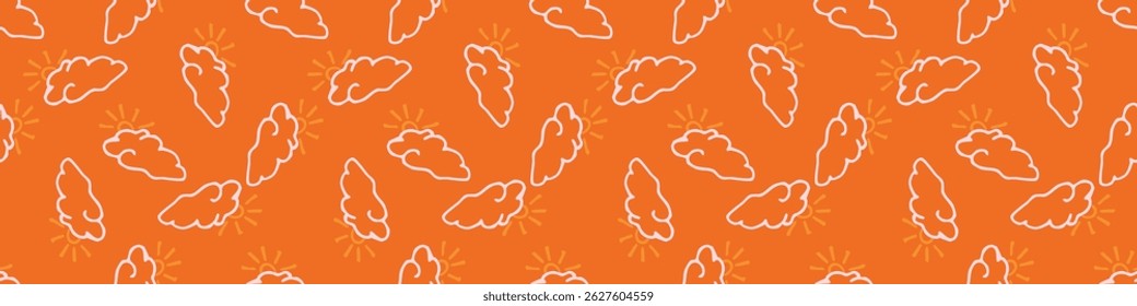 Lebendige Herbstwolke nahtlose Kindergarten Grenze. Naive Illustration des Sommerhimmels in handgezeichnetem, verspieltem Stil für Kindergartenbespannung, Band. 