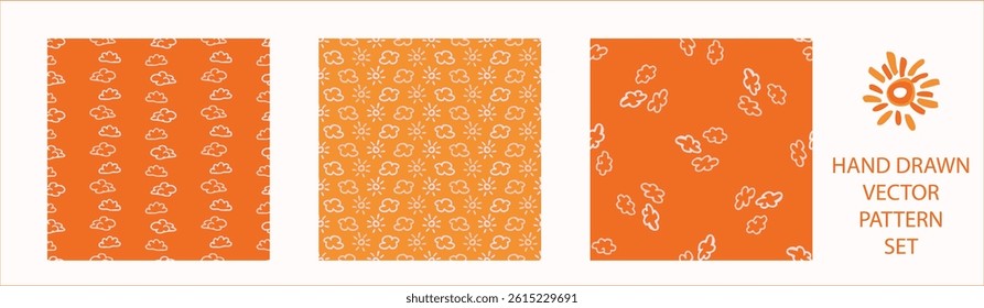 Vibrant fall cloud sunshine seamless nursery pattern set. Naive illustration of summer sky in hand drawn playful style for childrens nursery backdrops, wallpaper. 