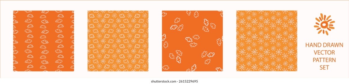 Vibrant fall cloud sunshine seamless nursery pattern set. Naive illustration of summer sky in hand drawn playful style for childrens nursery backdrops, wallpaper. 