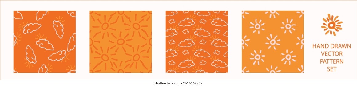 Vibrant fall cloud sunshine seamless nursery pattern set. Naive illustration of summer sky in hand drawn playful style for childrens nursery backdrops, wallpaper. 