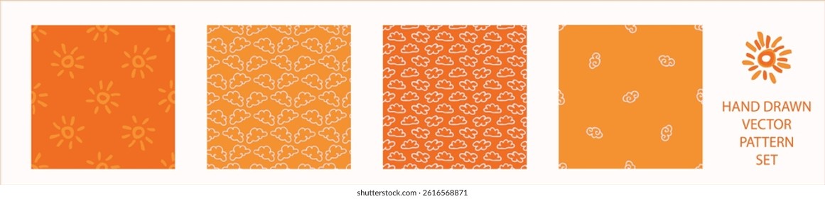 Vibrant fall cloud sunshine seamless nursery pattern set. Naive illustration of summer sky in hand drawn playful style for childrens nursery backdrops, wallpaper. 
