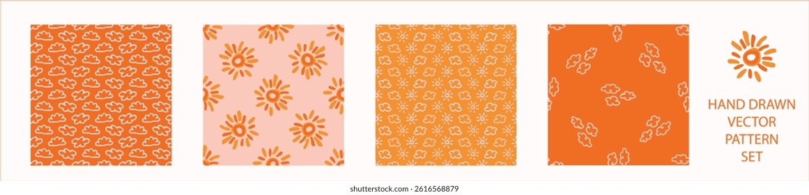 Vibrant fall cloud sunshine seamless nursery pattern set. Naive illustration of summer sky in hand drawn playful style for childrens nursery backdrops, wallpaper. 
