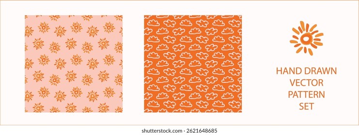 Vibrant fall cloud sunshine seamless nursery pattern set. Naive illustration of summer sky in hand drawn playful style for childrens nursery backdrops, wallpaper. 