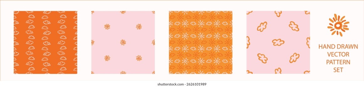 Vibrant fall cloud sunshine seamless nursery pattern set. Naive illustration of summer sky in hand drawn playful style for childrens nursery backdrops, wallpaper. 