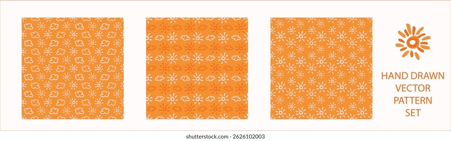 Vibrant fall cloud sunshine seamless nursery pattern set. Naive illustration of summer sky in hand drawn playful style for childrens nursery backdrops, wallpaper. 