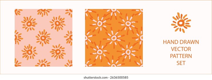 Vibrant fall cloud sunshine seamless nursery pattern set. Naive illustration of summer sky in hand drawn playful style for childrens nursery backdrops, wallpaper. 