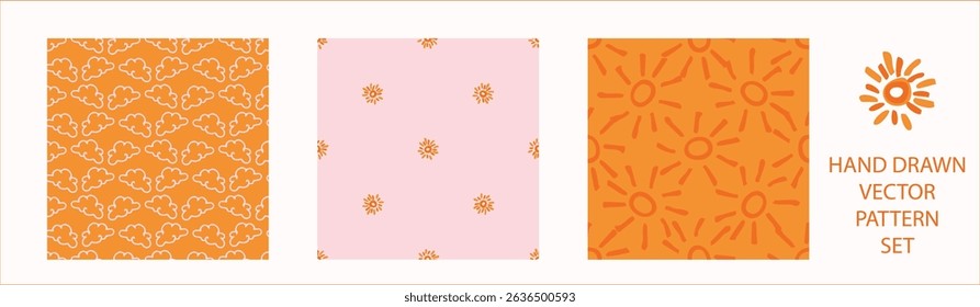 Vibrant fall cloud sunshine seamless nursery pattern set. Naive illustration of summer sky in hand drawn playful style for childrens nursery backdrops, wallpaper. 