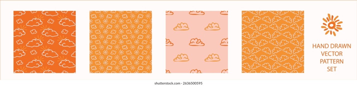 Vibrant fall cloud sunshine seamless nursery pattern set. Naive illustration of summer sky in hand drawn playful style for childrens nursery backdrops, wallpaper. 