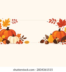 Vibrant fall scene with pumpkins leaves acorns and berries