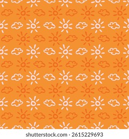 Vibrant fall sunshine seamless nursery pattern. Naive illustration of summer sky in hand drawn playful style for childrens nursery backdrops, wallpaper. 