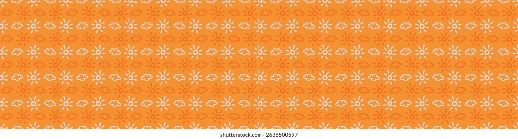 Vibrant fall sunshine seamless nursery border. Naive illustration of summer sky in hand drawn playful style for childrens nursery edinging, banner. 