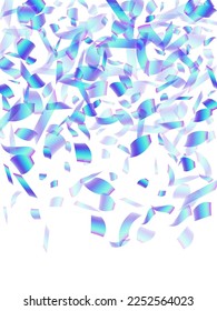 Vibrant falling confetti decoration vector illustration. Blue  hologram particles festival decor. Cracker poppers party confetti. Holiday celebration decoration background. Random pieces.