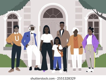 A vibrant family stands proudly together in front of their beautiful African house, showcasing warmth and togetherness during a joyful afternoon gathering filled with love and laughter