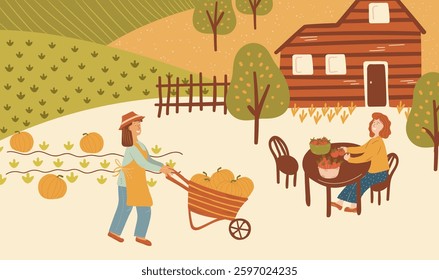 Vibrant farm vector illustration showing harvesting scene with a woman pushing a wheelbarrow of pumpkins while another sits at a table with tomatoes, set against a rustic house and fields.