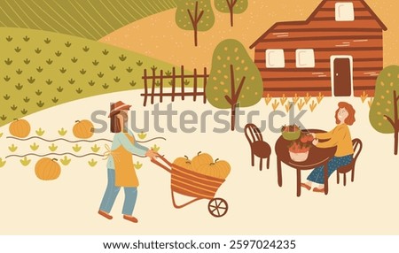 Vibrant farm vector illustration showing harvesting scene with a woman pushing a wheelbarrow of pumpkins while another sits at a table with tomatoes, set against a rustic house and fields.