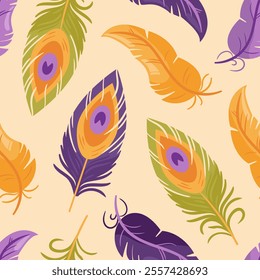 A vibrant, featuring multicolored peacock and parrot feathers in a bohemian style. This vector illustration highlights intricate details and fluid shapes, perfect for artistic projects or home decor.