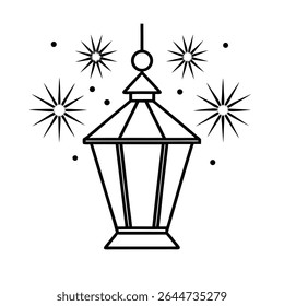 Design vibrante da lanterna do festival definido contra um deslumbrante fundo de fogos de artifício, perfeito para eventos comemorativos ou desenhos festivos.