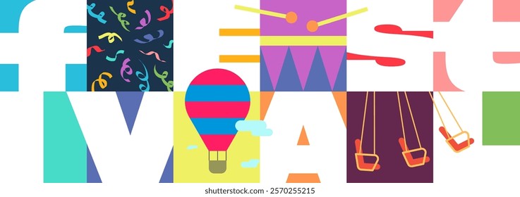 Vibrant festival text horizontal banner. Amusement park trendy modern invitation. Carnival funfair creative flyer with hot air balloon, confetti, drum and carousel. Simple fest billboard design