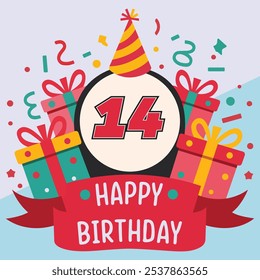 Vibrant and festive 14th birthday illustration with bold number '14' in red and black, party hat, colorful gift boxes, confetti, and "Happy Birthday" banner.