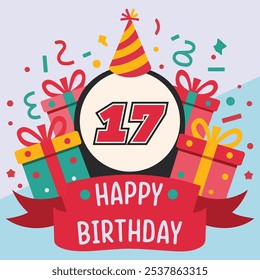 Vibrant and festive 17th birthday illustration with bold number '17' in red and black, party hat, colorful gift boxes, confetti, and "Happy Birthday" banner.