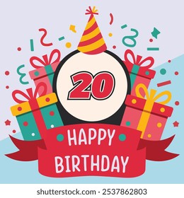 Vibrant and festive 20th birthday illustration with bold number '20' in red and black, party hat, colorful gift boxes, confetti, and "Happy Birthday" banner.