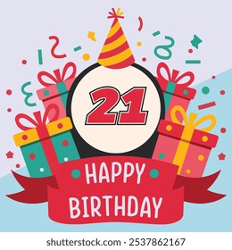 Vibrant and festive 21th birthday illustration with bold number '21' in red and black, party hat, colorful gift boxes, confetti, and "Happy Birthday" banner.