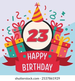 Vibrant and festive 23th birthday illustration with bold number '23' in red and black, party hat, colorful gift boxes, confetti, and "Happy Birthday" banner.