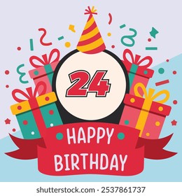 Vibrant and festive 24th birthday illustration with bold number '24' in red and black, party hat, colorful gift boxes, confetti, and "Happy Birthday" banner.