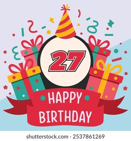 Vibrant and festive 27th birthday illustration with bold number '27' in red and black, party hat, colorful gift boxes, confetti, and "Happy Birthday" banner.