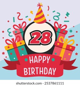 Vibrante y festiva ilustración de 28 cumpleaños con el número atrevido '28' en rojo y negro, sombrero de fiesta, coloridas cajas de regalo, confeti y Anuncio de "Feliz cumpleaños".