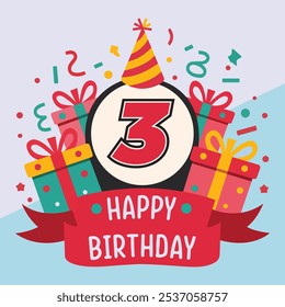 Vibrant and festive 3th birthday illustration with bold number '3' in red and black, party hat, colorful gift boxes, confetti, and "Happy Birthday" banner.