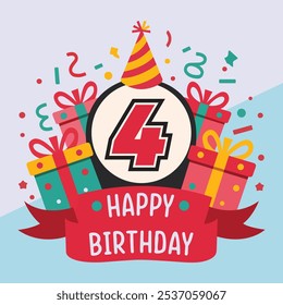 Vibrant and festive 4th birthday illustration with bold number '4' in red and black, party hat, colorful gift boxes, confetti, and "Happy Birthday" banner.