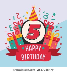 Vibrant and festive 5th birthday illustration with bold number '5' in red and black, party hat, colorful gift boxes, confetti, and "Happy Birthday" banner.