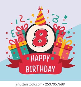 Vibrant and festive 8th birthday illustration with bold number '8' in red and black, party hat, colorful gift boxes, confetti, and "Happy Birthday" banner.