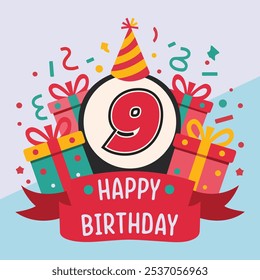 Vibrant and festive 9th birthday illustration with bold number '9' in red and black, party hat, colorful gift boxes, confetti, and "Happy Birthday" banner.